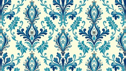 Symmetrical paisley damask pattern in muted blue and cream hues, damask, repeating
