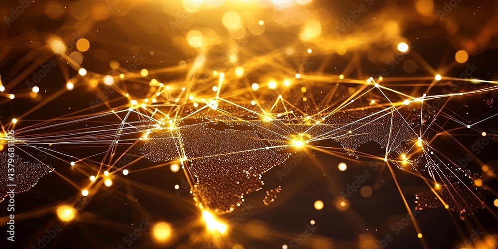 Poster A luminous tapestry of interconnected lines, weaving across continents and oceans, representing the intricate web of communication and global connection that binds our wo