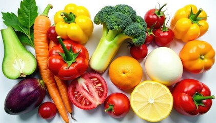Variety of organic fruits & vegetables on white, clean, shopping