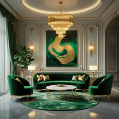 Sophisticated Emerald Lounge with Gold Art and Luxe Details