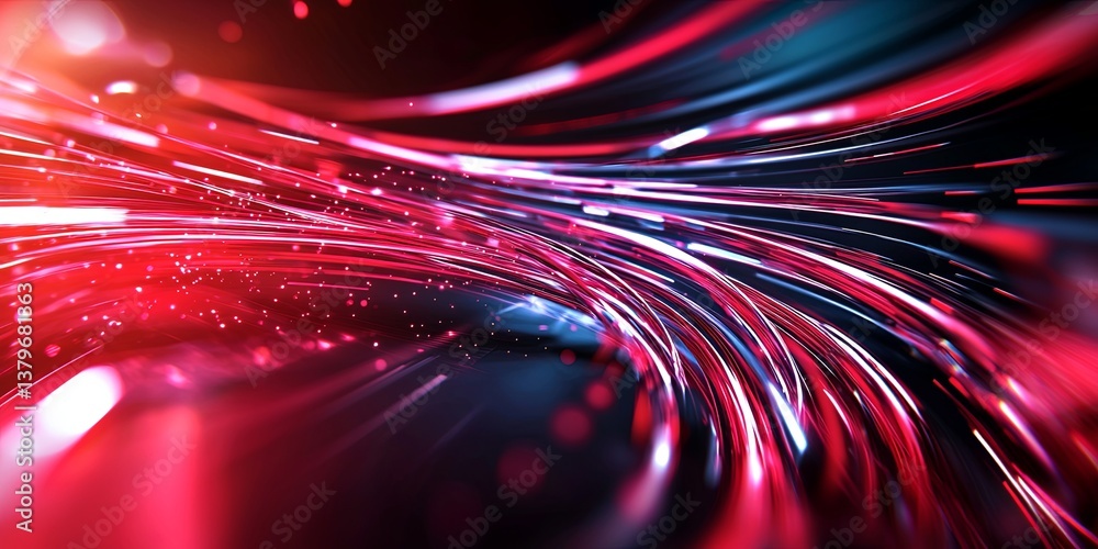 Poster A vibrant canvas of red light lines, swirling and blurring as they traverse a stark dark backdrop, symbolizing the seamless transfer of data, a futuristic and dynamic rep