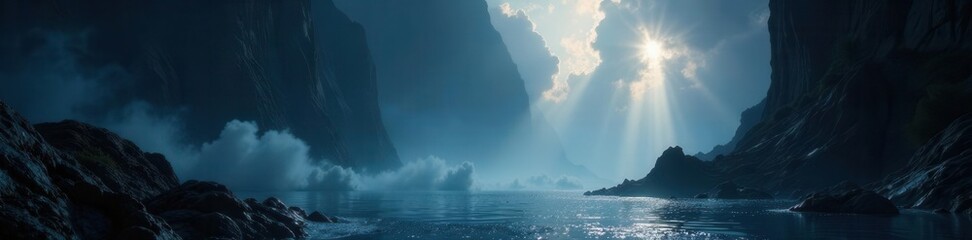 Obscured depths, vertical energy beams, ethereal luminescence , dark, red