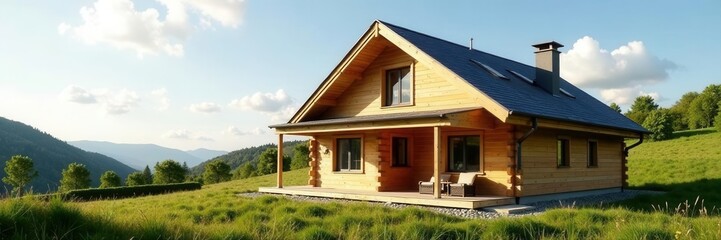 Newly built wooden cottage, foundation visible, rural, off-grid living, residential