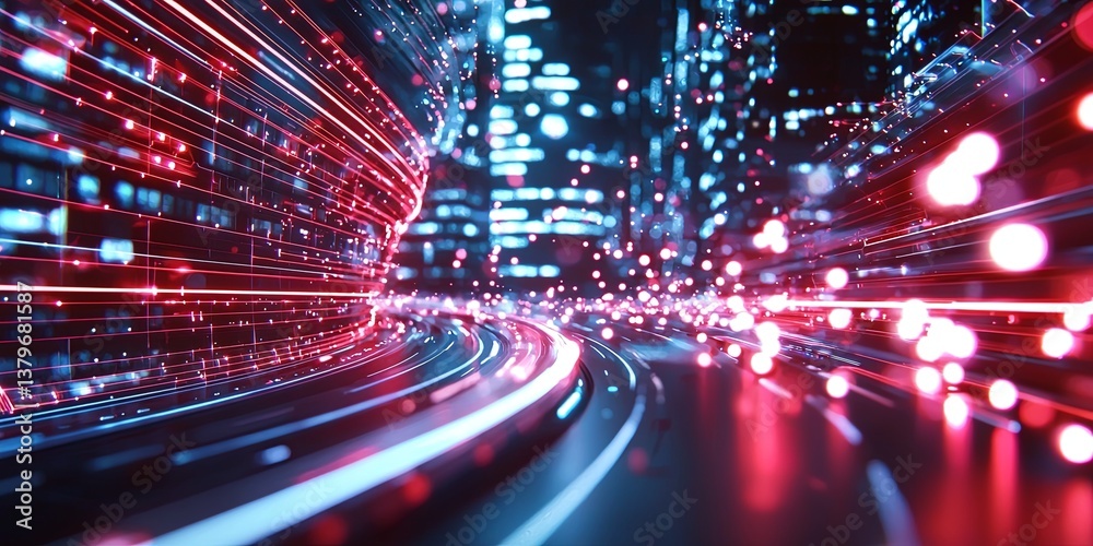 Poster A vibrant canvas of red light lines, swirling and blurring as they traverse a stark dark backdrop, symbolizing the seamless transfer of data, a futuristic and dynamic rep