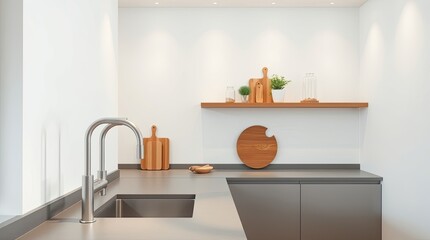 A modern minimalist kitchen interior with wood and steel elements