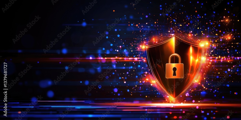 Poster A digital shield, adorned with a formidable lock, symbolizing unwavering data protection in the ever-evolving world of technology.