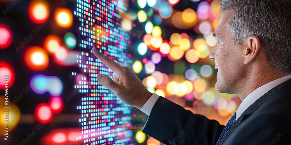 Aufkleber a determined businessman points towards the year 2025 on a vibrant digital timeline, symbolizing his