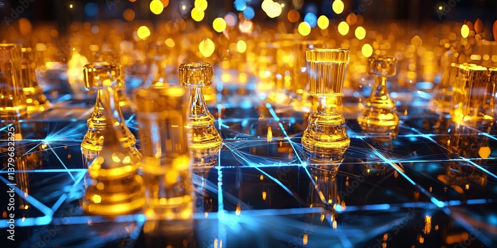 Aufkleber A digital chessboard, its surface adorned with golden squares, pulsed with an ethereal glow as its prominent pieces, knights, bishops, and queens, were illuminated by vib