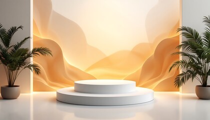 Fototapeta premium Elegant Product Display Podium with Abstract Backdrop and Potted Plants