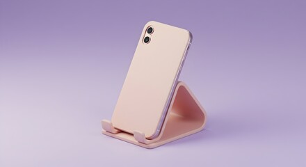 Stylish smartphone in peach tones rests on a sleek stand against a pastel purple backdrop.