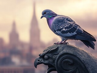 Pigeon Perched on Gargoyle Overlooking Cityscape with Soft Hues