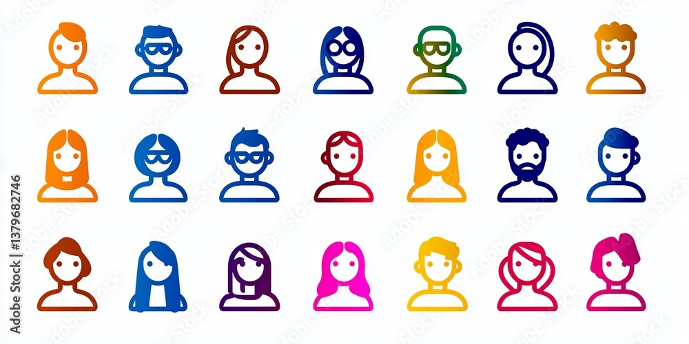 Poster A vibrant line icon set, showcasing diversity in all its forms, from a variety of faces to a spectrum of skin tones. Each icon is editable for seamless integration into y