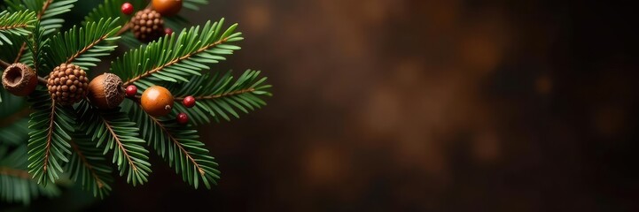 Branches with pinecones and acorns isolated against a dark brown background, wood, wooden, solitude