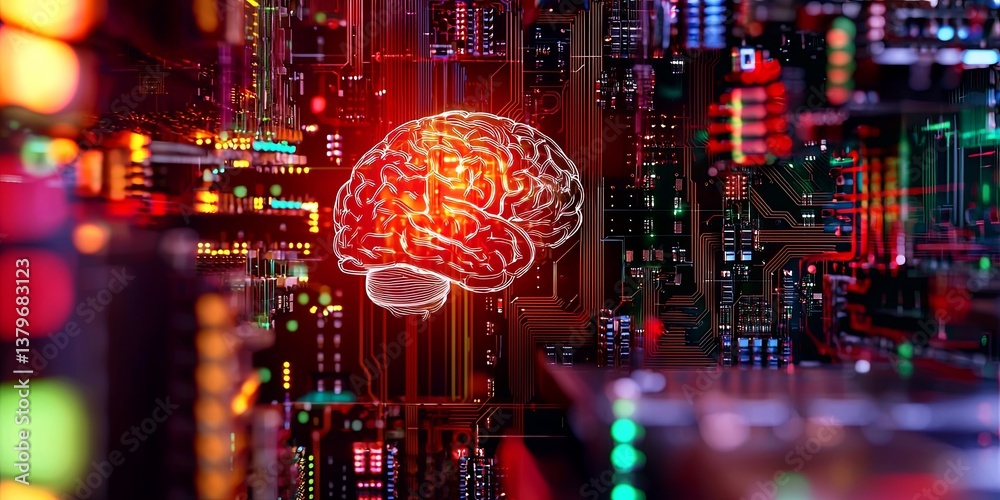 Fototapete A brain, a digital marvel, subtly peeks out from behind a labyrinth of intricate circuit boards, hinting at the power of generative AI that fuels it.