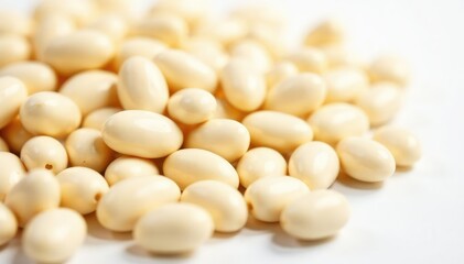 Close-up of dry white beans against a pure white backdrop, cooking, vegan