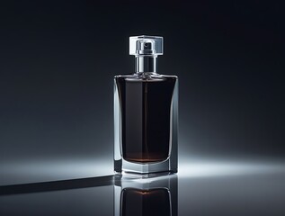 Minimalist perfume bottle with a refined shape and deep amber liquid, illuminated by soft lighting, evoking a sense of high-end beauty, fashion, and luxury fragrance branding.


