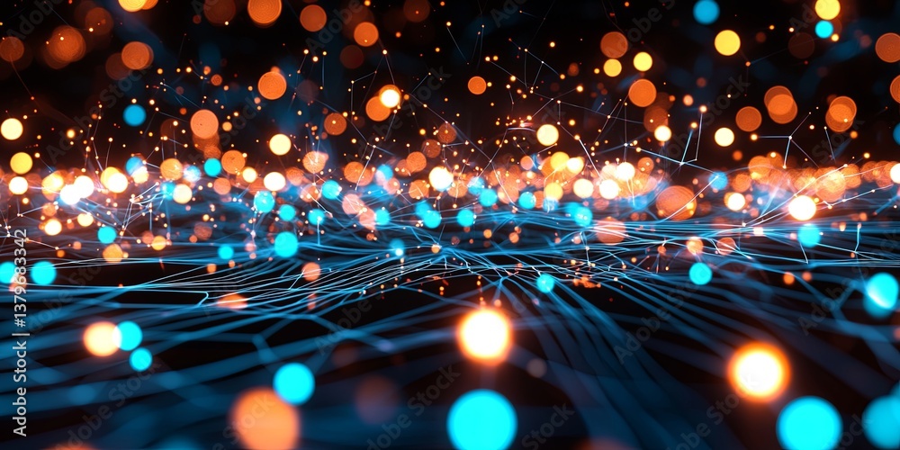 Poster A digital landscape teeming with dots and lines, forming a complex network structure, represents vast amounts of information stored and processed by sophisticated digital