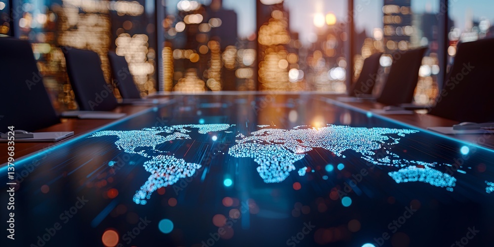 Poster in a sleek corporate boardroom, a meticulously crafted world map, adorned with intricate data points
