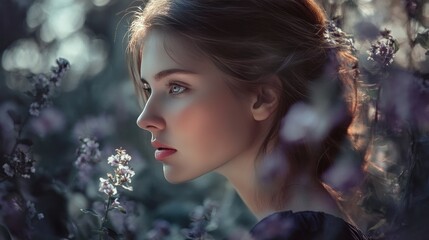 Enchanted Forest Portrait: A Serene Young Woman Amidst Blooming Flowers