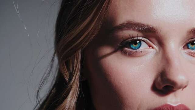 Close-up of a young European woman with heterochromia, different color variations within the same eye. Bright blue and light brown iris. Soft lighting, minimalist background