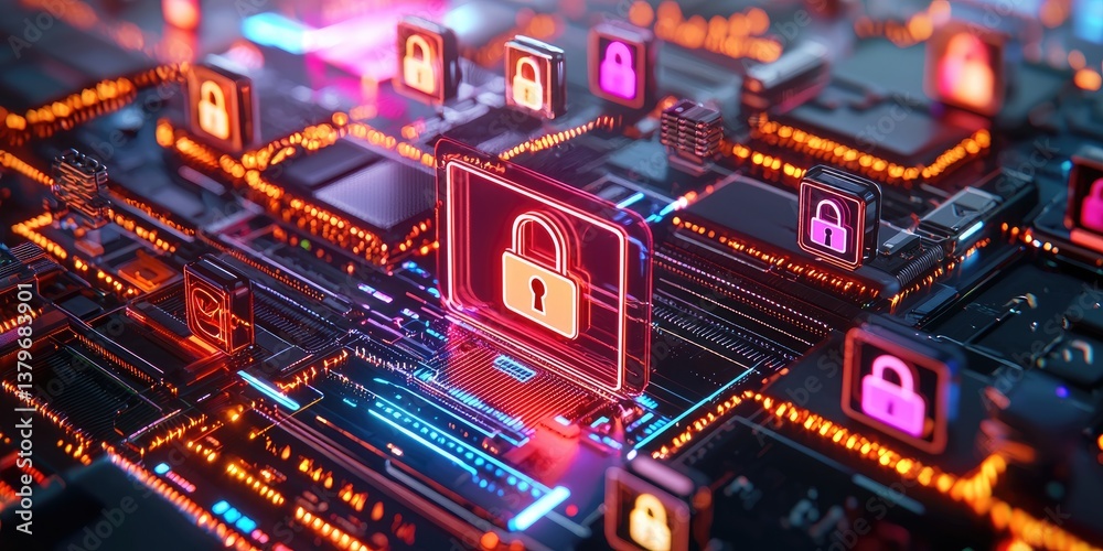 Aufkleber locked data files, a digital fortress guarded by a series of menacing lock icons, displayed on a sle