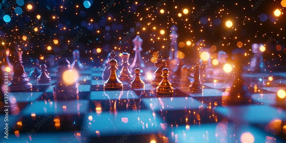 Poster a chessboard, crafted from shimmering starlight, hovered in the vast expanse of the cosmos, its squa