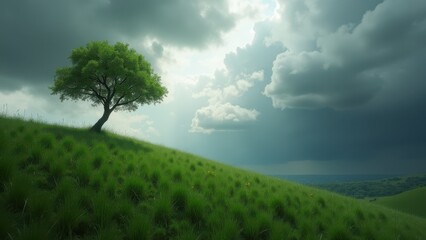 Fototapeta premium Lone green tree on grassy hill under dramatic cloudy sky with light breaking through 