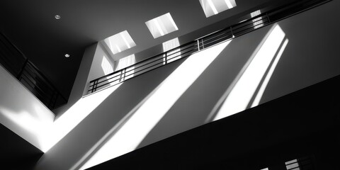 Obraz premium Aerial view of a stairwell featuring a railing and large windows.