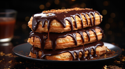 Chocolate layered cake with cream filling and chocolate sauce topping