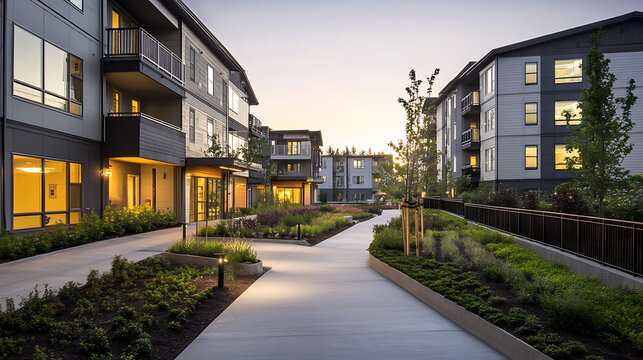 Serene Apartment Complex Modern Architecture, Landscaped Courtyard, and Pathway at Sunset, Providing a Tranquil Urban Oasis and Community