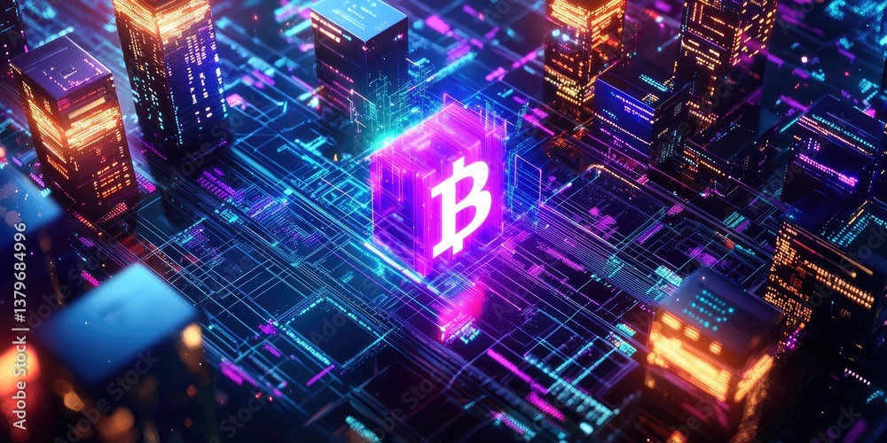 Aufkleber a futuristic, ultraviolet-hued cityscape, where isometric blocks representing blockchain technology 