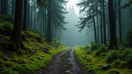 Obraz premium Moss-covered forest trail winding through tall pine trees in misty light 