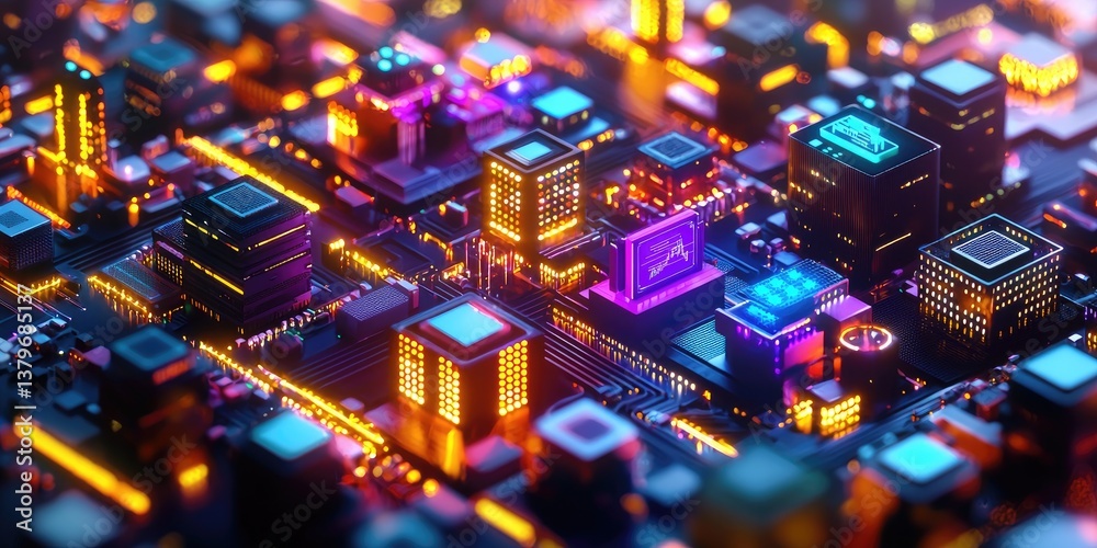 Poster a futuristic, ultraviolet-hued cityscape, where isometric blocks representing blockchain technology 