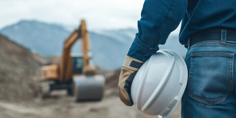 Heavy machinery and worker with white hard hat at rural construction site