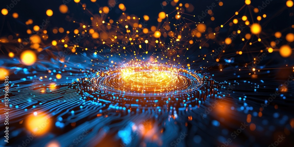 Poster A swirling vortex of information waves, representing the boundless possibilities of Big Data, converges on a 3D model of a blockchain, its nodes glowing like intricate co