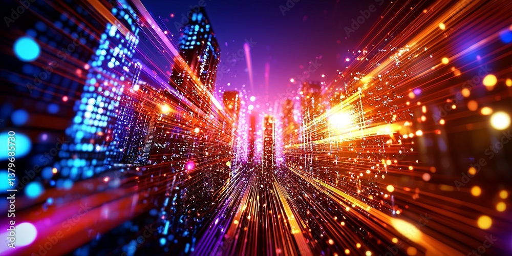 Poster a vibrant, pulsating network of interconnected nodes, forming a futuristic cityscape, rendered in a 