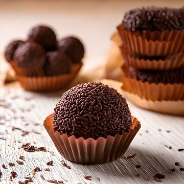 Traditional Brazilian chocolate truffle (brigadeiro) on a white wooden table, with others blurred in the background. Homemade, sweet, and festive dessert.