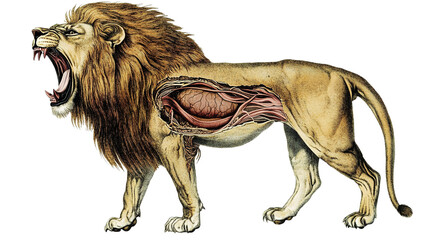 Naklejka premium Roaring lion anatomy cutaway nature exhibit educational illustration scientific insight detailed viewpoint