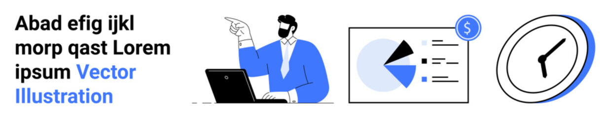 Man in suit presenting analytics on a laptop, pie chart, and line graph, with clock indicating time management. Ideal for analytics, business, education, planning, productivity workflow and simple