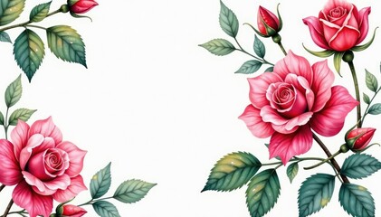 Fototapeta premium Intricate watercolor roses & leaves, vibrant hues, floral, watercolor, background