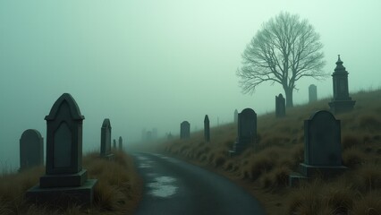 Foggy hillside cemetery with old gravestones and stone path leading to large cross monument	
