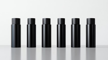 A luxurious black hair dye spray can, arranged symmetrically on a reflective table