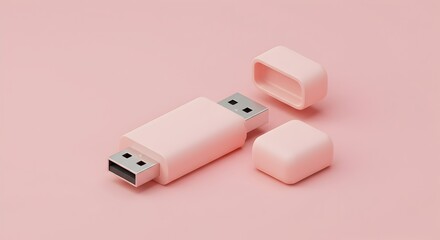 Fototapeta premium Pink USB drive with the cap off lies on a pink surface
