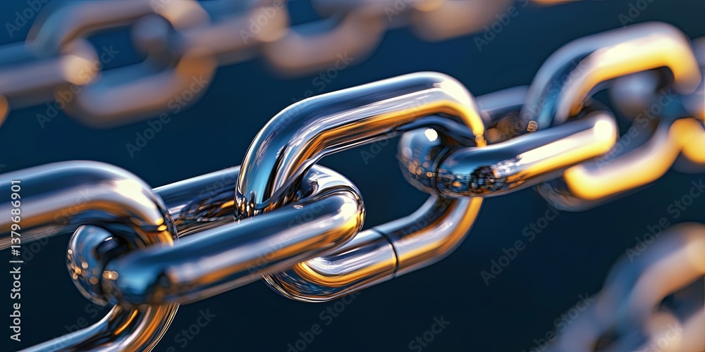 Poster a intricate network of 3d-rendered metal links, forming a chain, is depicted in a 3d rendering, each