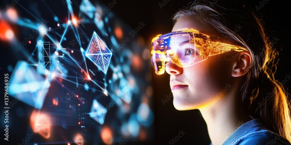 Poster a young woman, her face illuminated by the soft glow of a digital tablet, navigated a futuristic vir