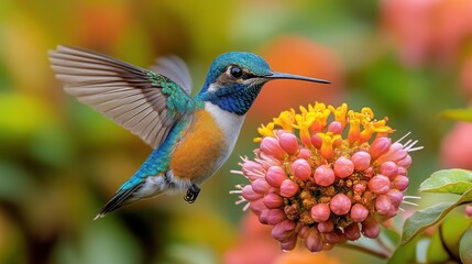 Iridescent Hummingbird Hovering Near Flower. Generative AI