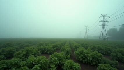 Obraz premium Foggy rural field with muddy path and high-voltage power lines disappearing into mist 
