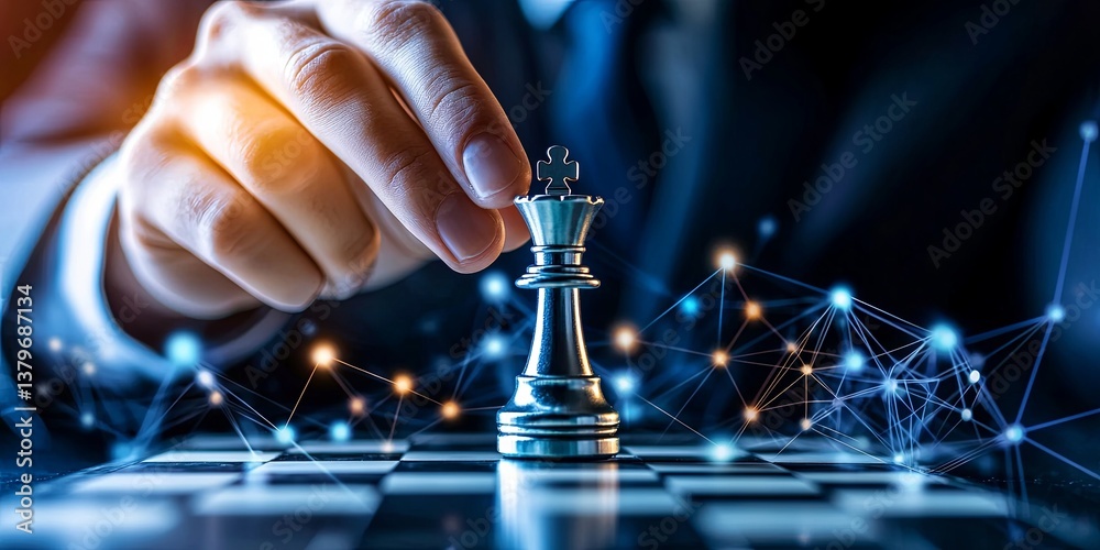 Leinwandbilder a hand, clad in a suit, places a gleaming king chess piece at the center of a complex network diagra