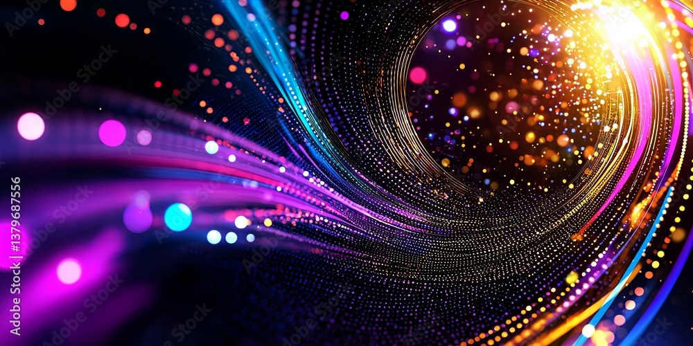 Poster A vibrant, abstract illustration showcasing a dynamic array of small particles in a circular formation, symbolizing the interconnectedness of modern science and technolog