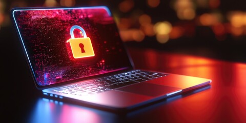 A sleek laptop screen, bathed in the glow of a digital lock icon, symbolizes the ever-present threat of online security and the importance of vigilance in the digital age